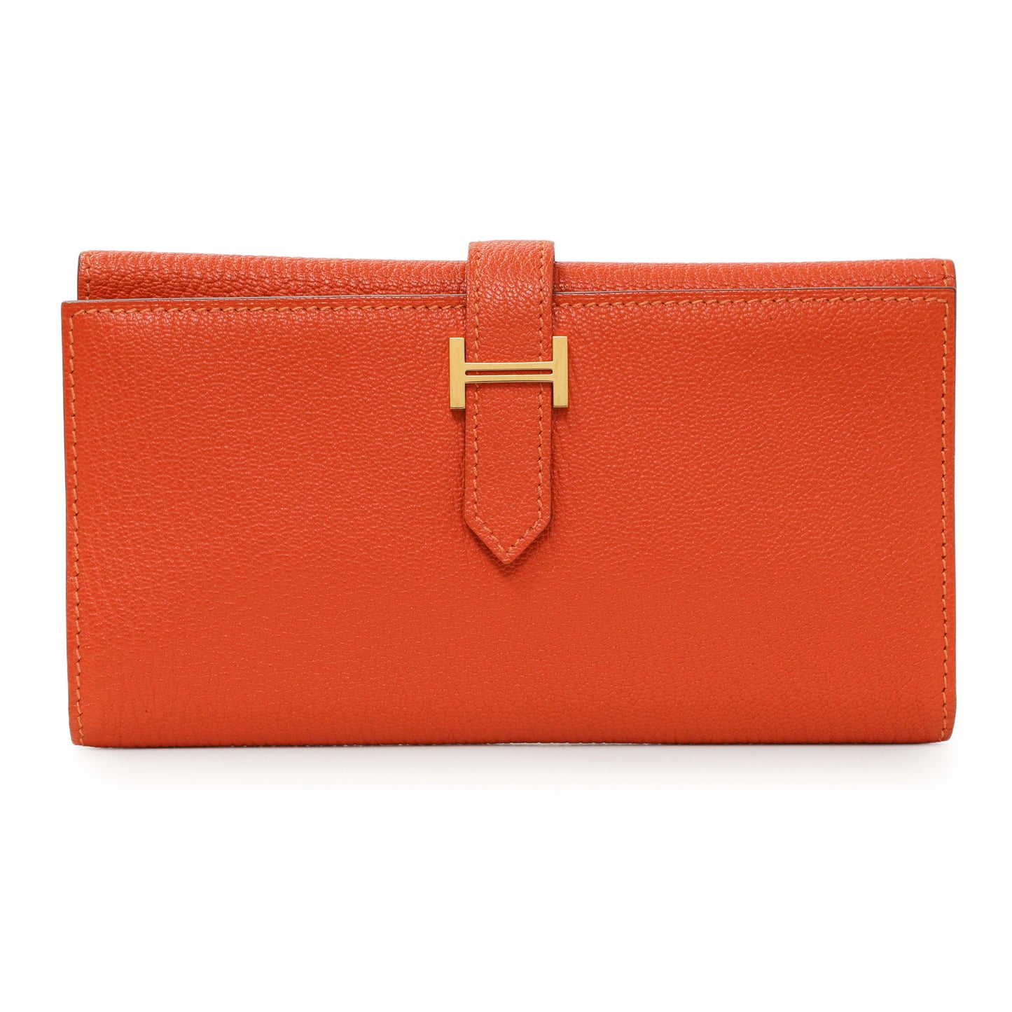 Exclusive Hermes Orange Chevre Tri-Fold Bearn Wallet — Front View