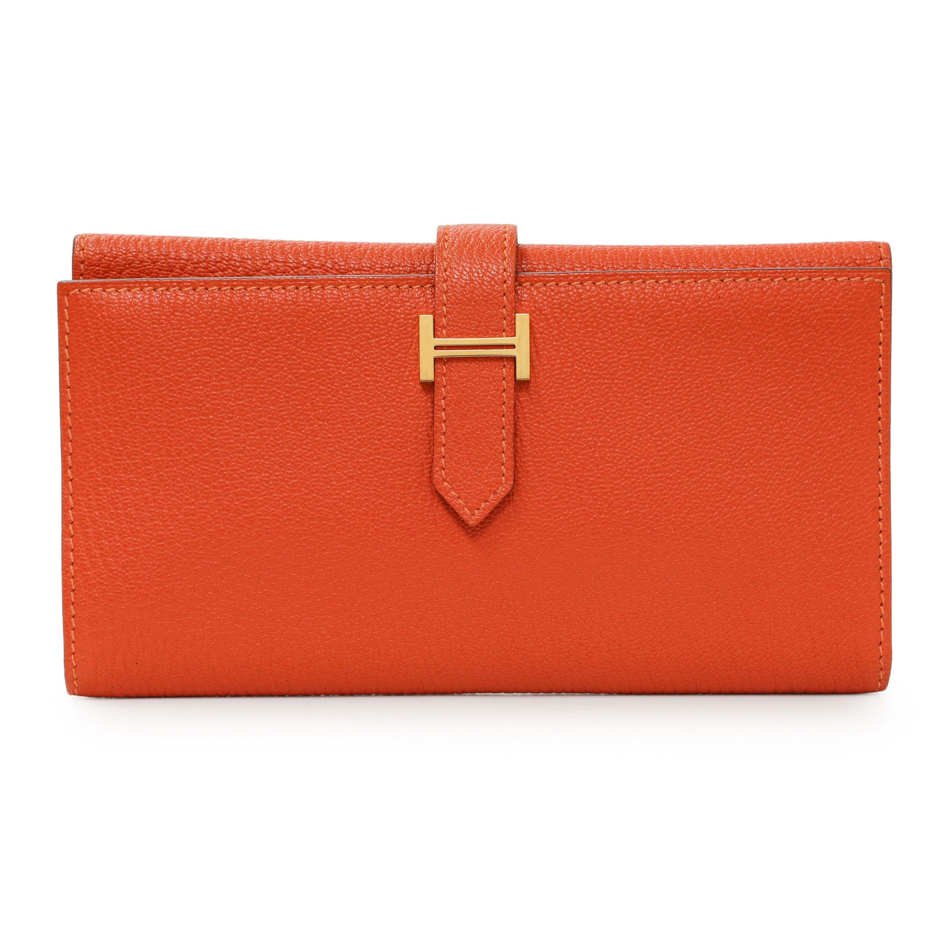 Exclusive Hermes Orange Chevre Tri-Fold Bearn Wallet — Front View