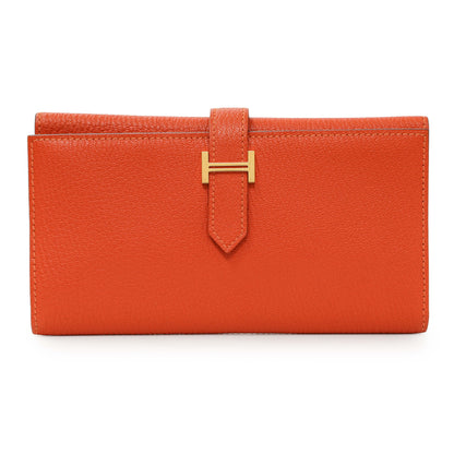 Exclusive Hermes Orange Chevre Tri-Fold Bearn Wallet — Front View