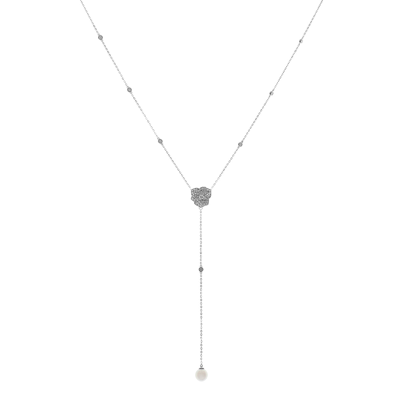 Exclusive 18K White Gold 8.9mm Pearl & Diamond Lariat Necklace — Front View