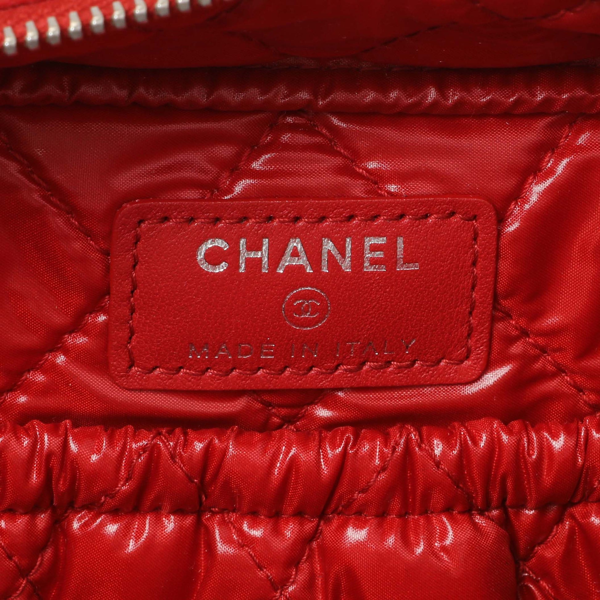 Exclusive Chanel Red Quilted Lambskin Curvy Pouch Cosmetic Case — Detail View
