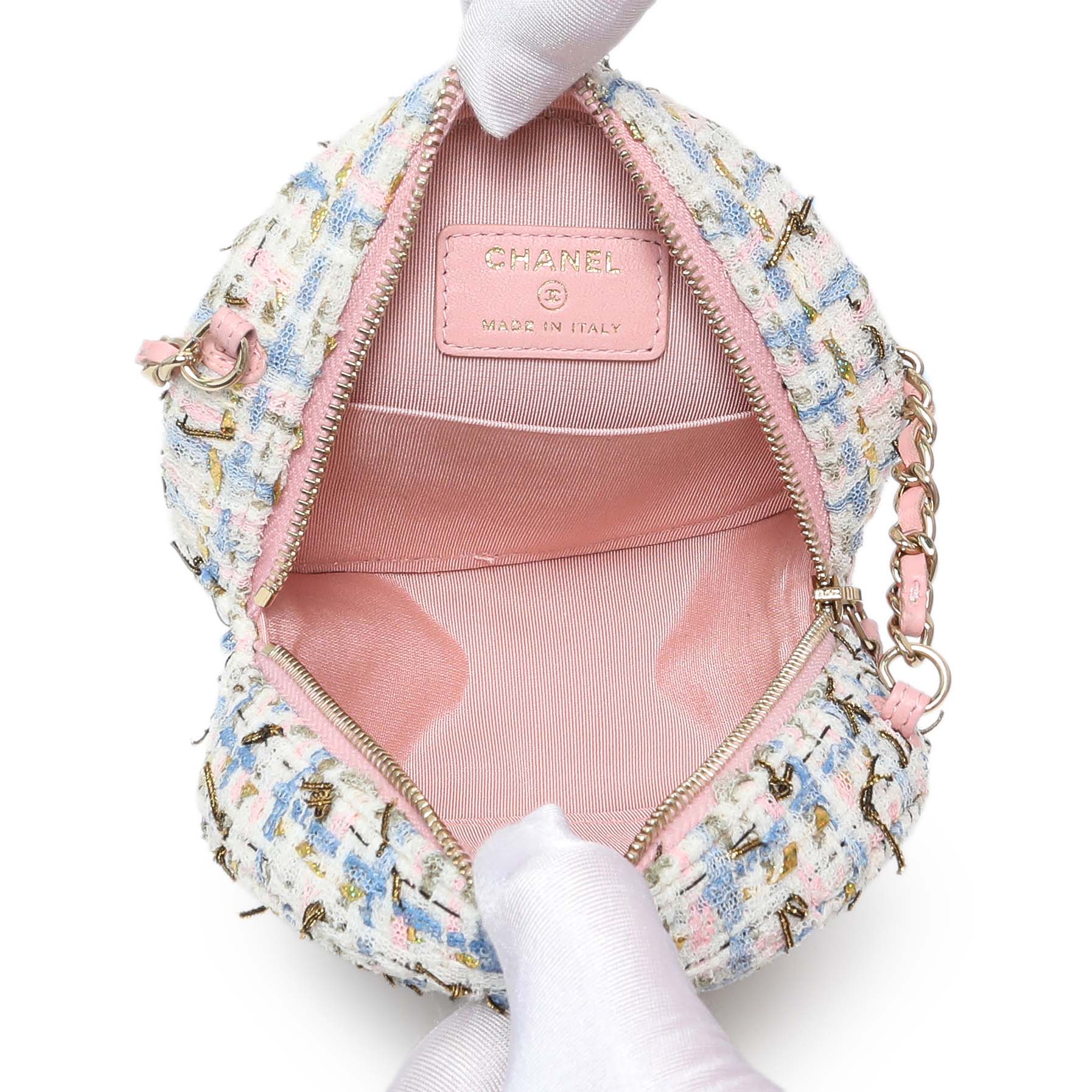 Exclusive Chanel White Pink Multicolor Tweed Round Clutch — Detail View