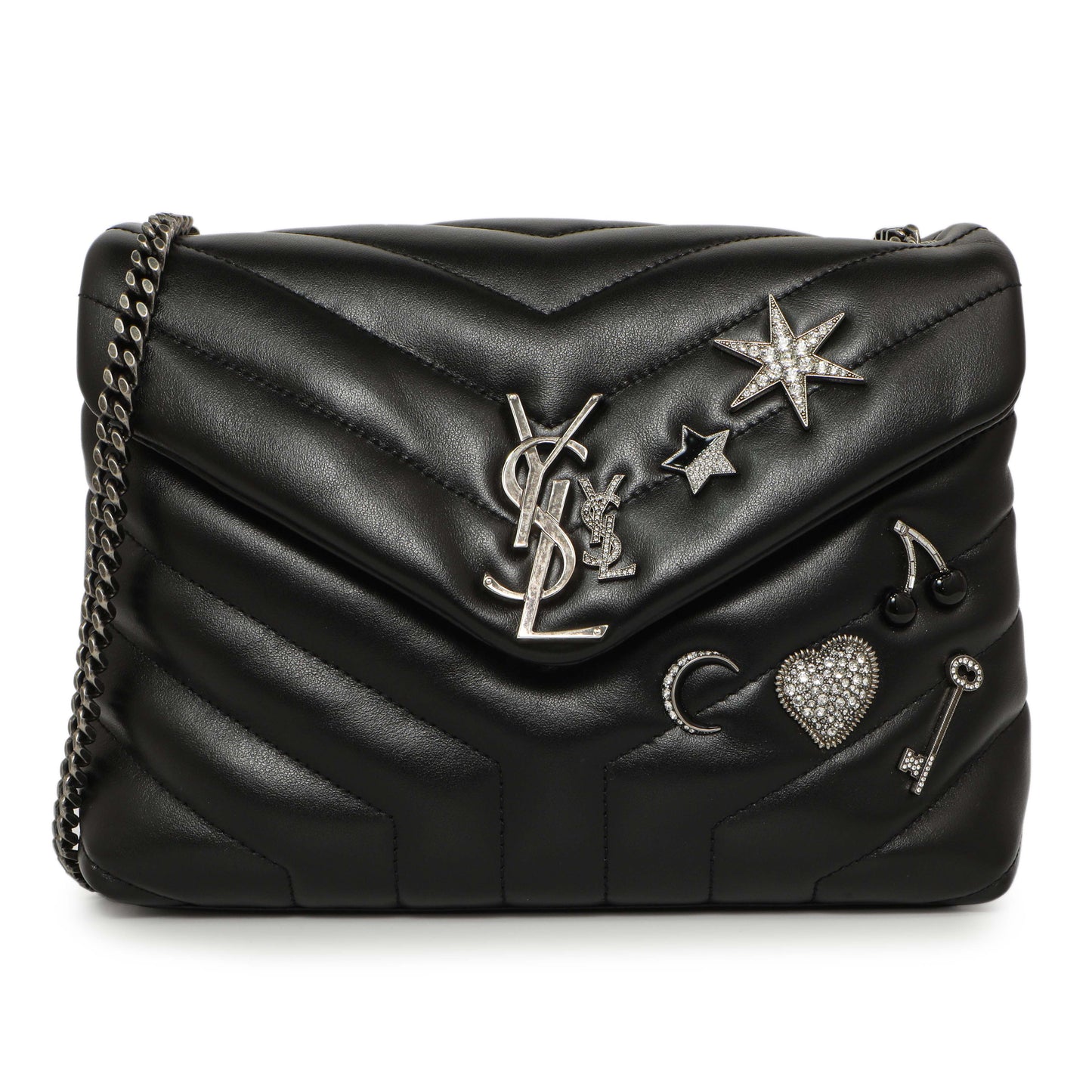 Exclusive Saint Laurent Black Calfskin Y Quilted Monogram Small Charm Loulou Chain Satchel — Front View
