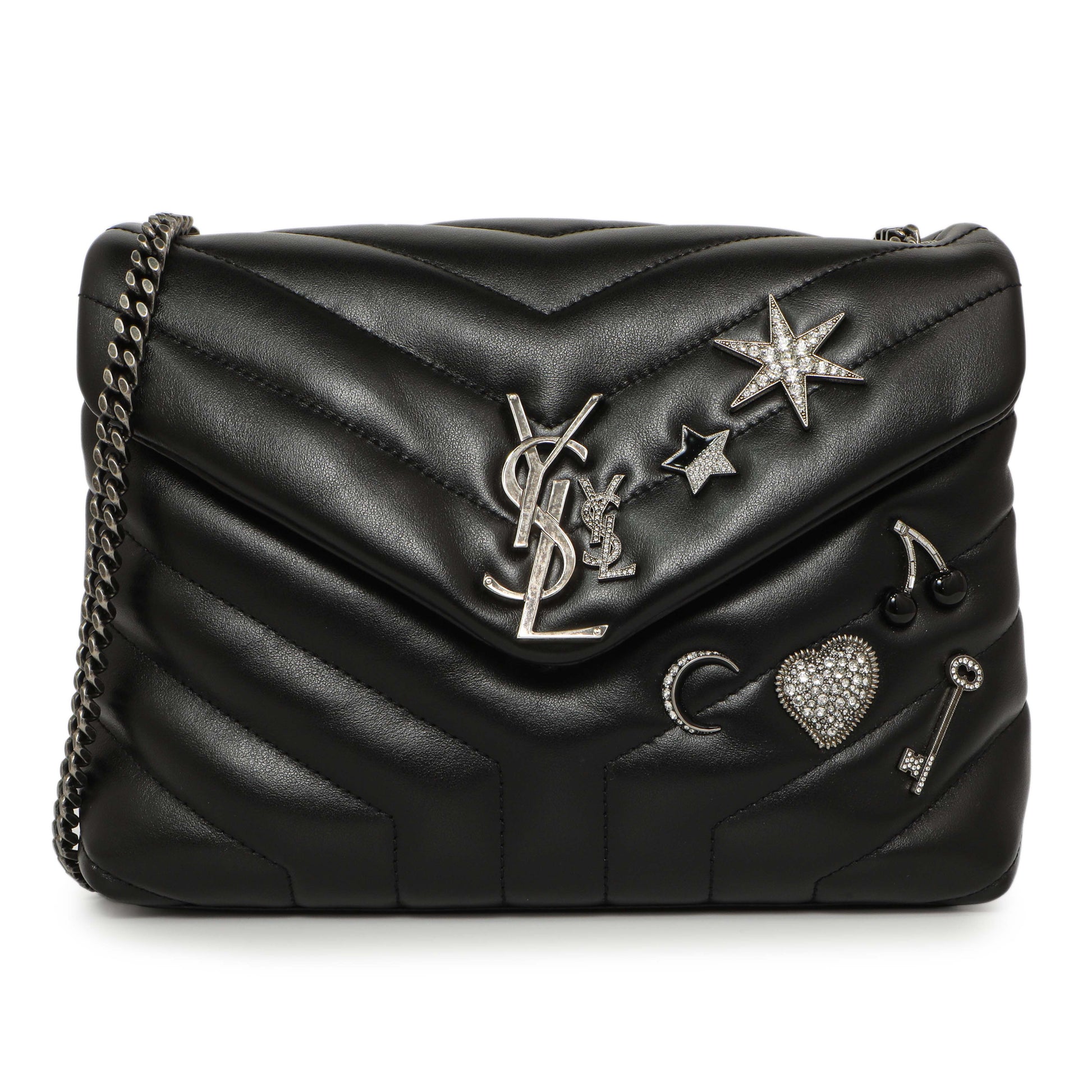 Exclusive Saint Laurent Black Calfskin Y Quilted Monogram Small Charm Loulou Chain Satchel — Front View
