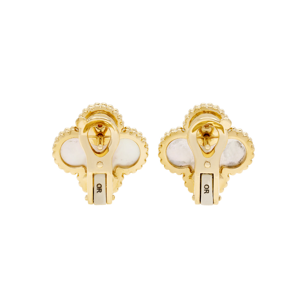 Exclusive Van Cleef & Arpels 18K Yellow Gold Mother of Pearl Vintage Alhambra Earrings — Side View