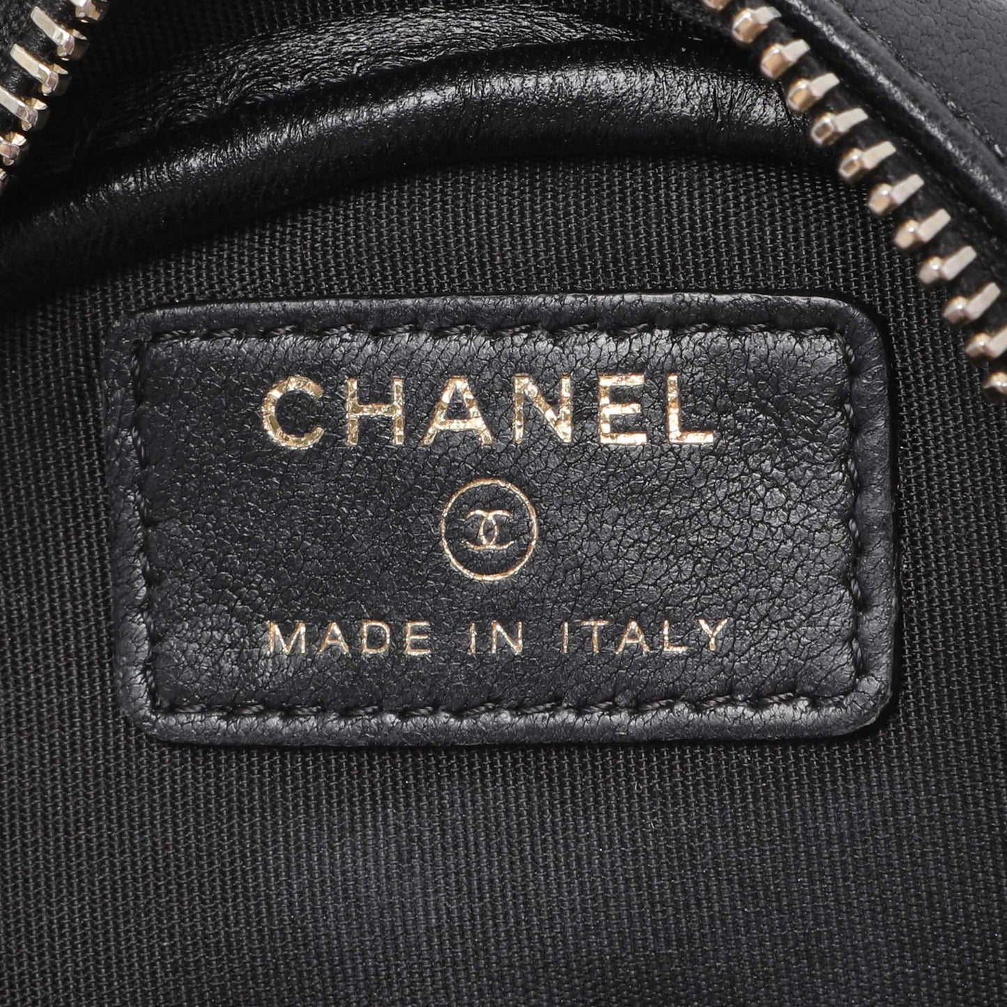 Exclusive Chanel Black Lambskin Quilted Studded Round Clutch With Chain — Detail View