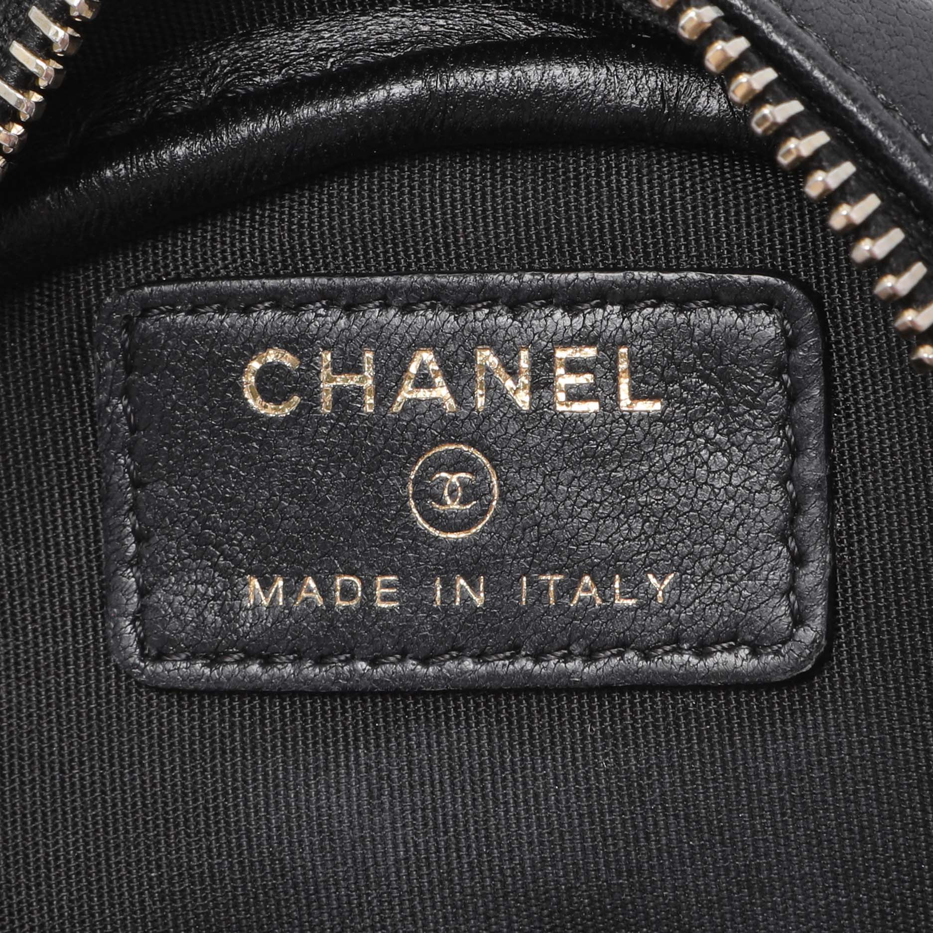 Exclusive Chanel Black Lambskin Quilted Studded Round Clutch With Chain — Detail View
