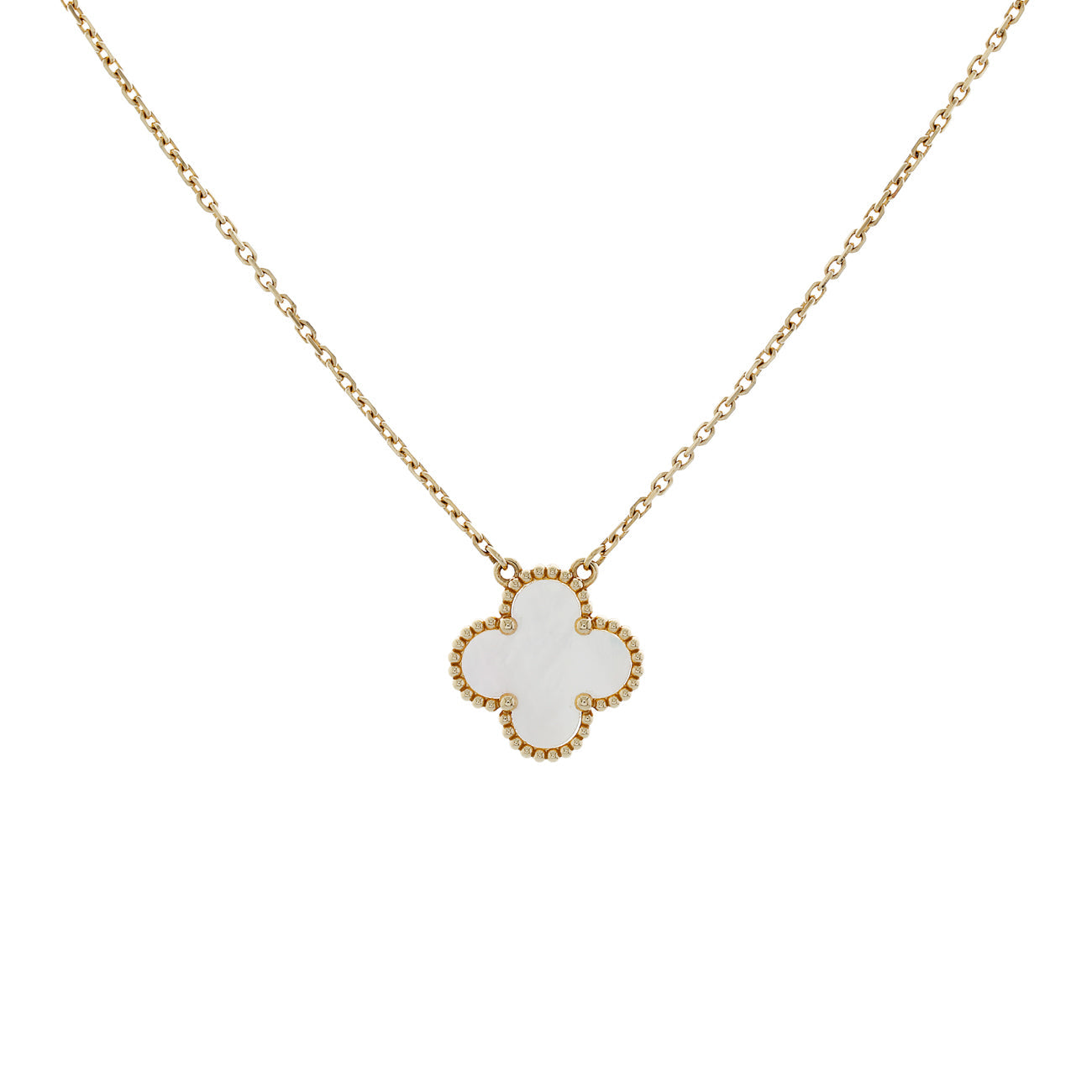 Exclusive Van Cleef & Arpels 18K Yellow Gold Mother of Pearl Vintage Alhambra Pendant Necklace — Front View