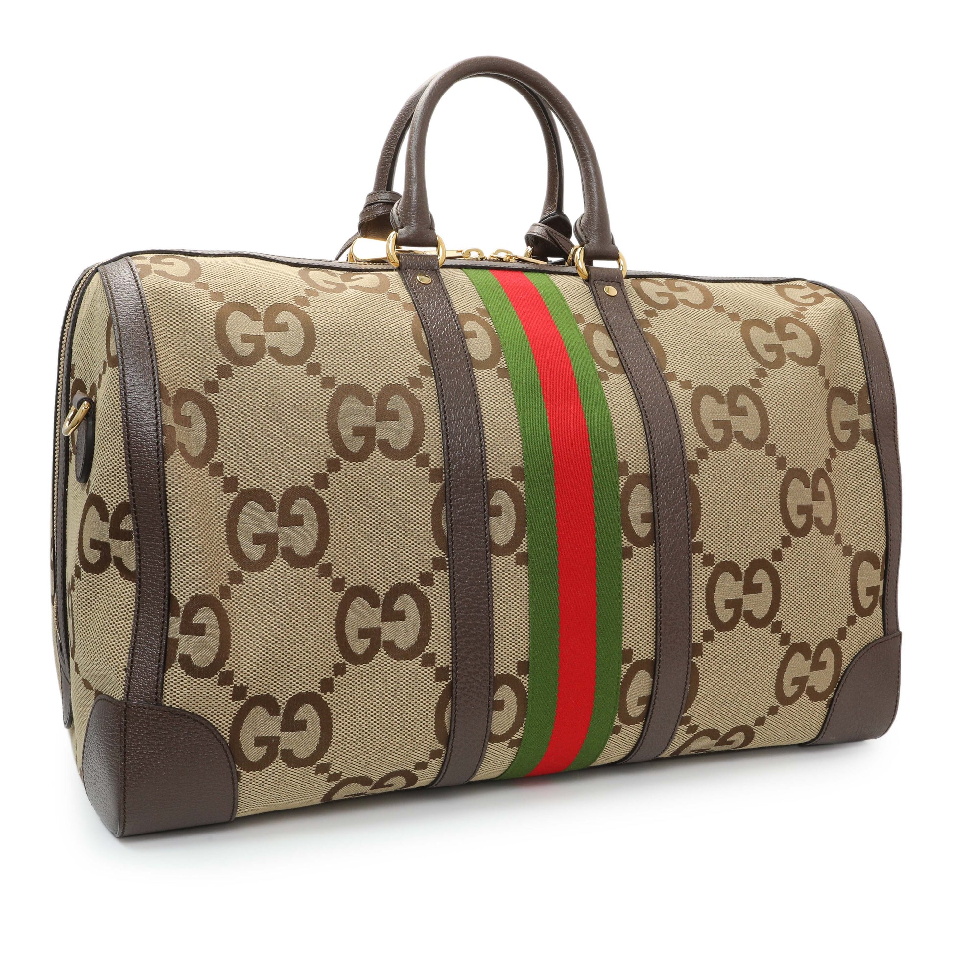 Exclusive Gucci Monogram Jumbo GG Textured Dollar Calfskin Web Large Duffle Bag — Side View