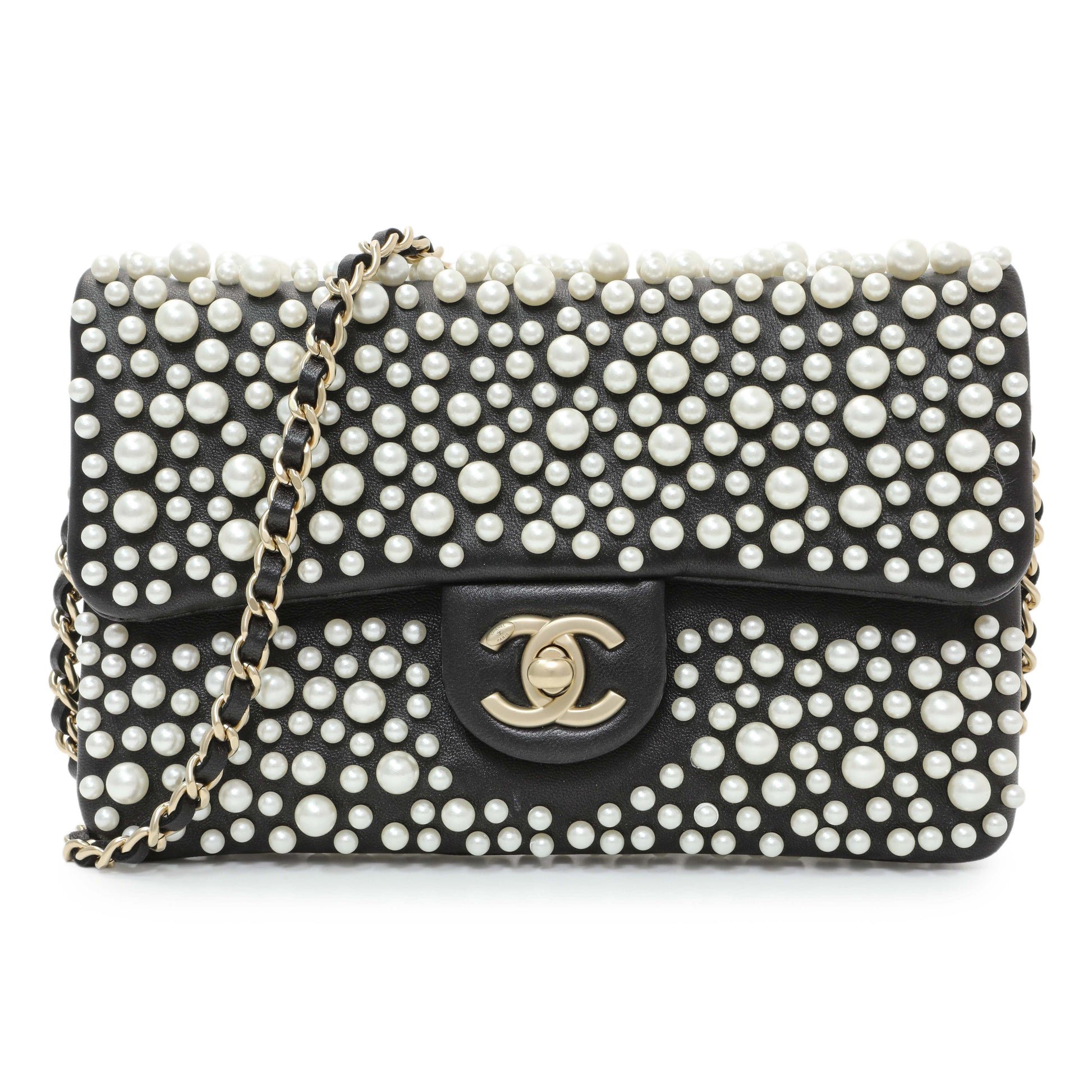 Exclusive Chanel Black Calfskin Pearly Wallet On Chain — Front View