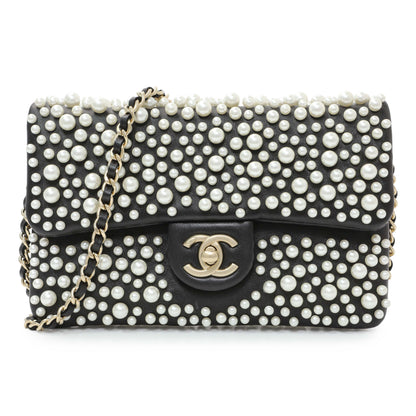 Exclusive Chanel Black Calfskin Pearly Wallet On Chain — Front View