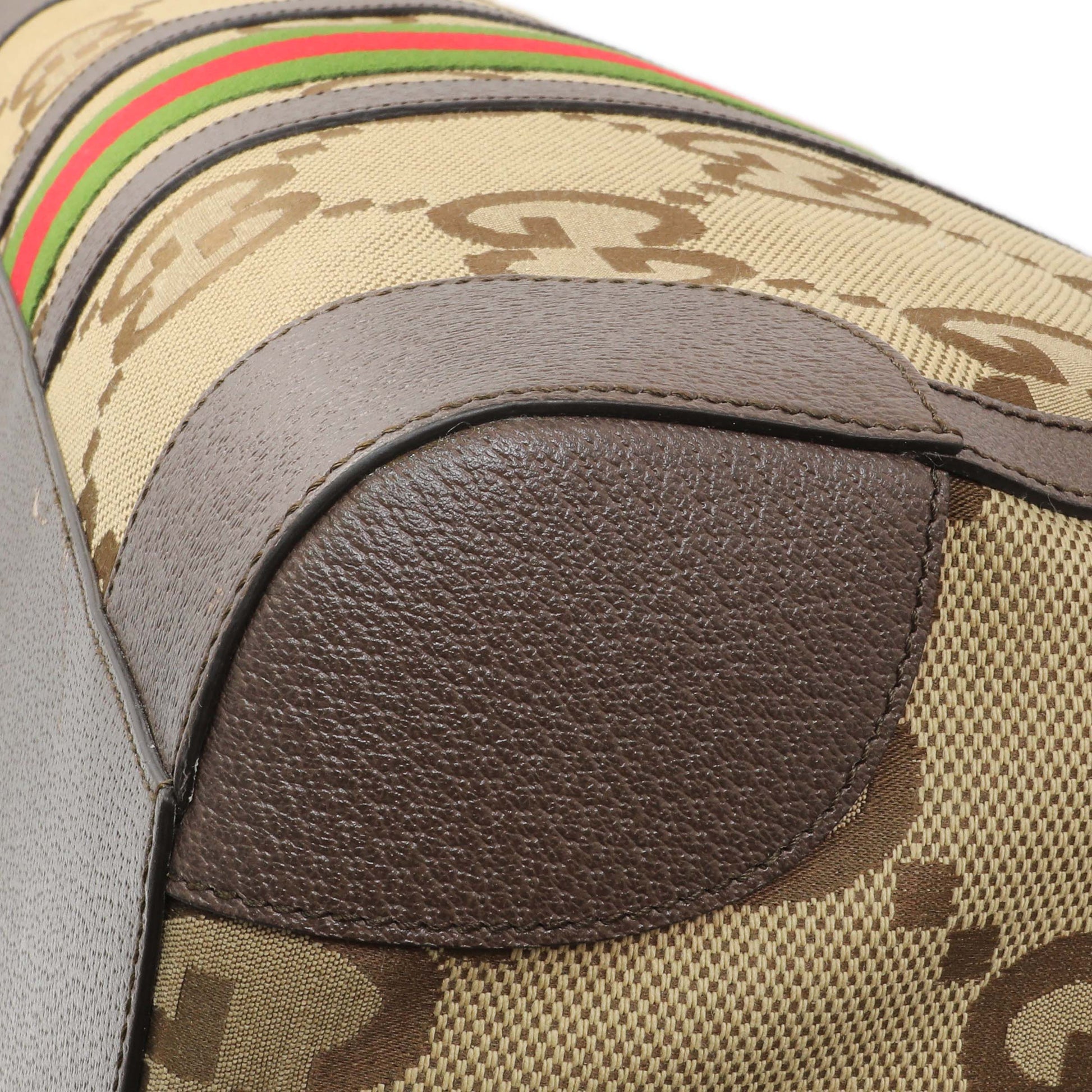Exclusive Gucci Monogram Jumbo GG Textured Dollar Calfskin Web Large Duffle Bag — Detail View