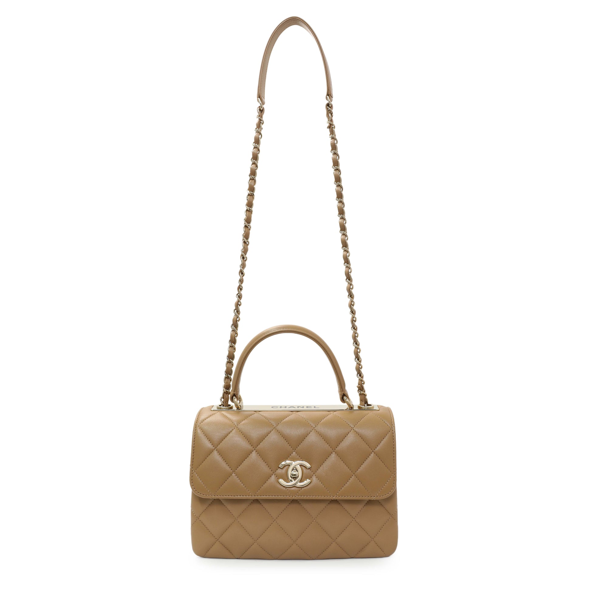 Exclusive Chanel Beige Lambskin Quilted Small Trendy CC Dual Handle Flap Bag — Front View