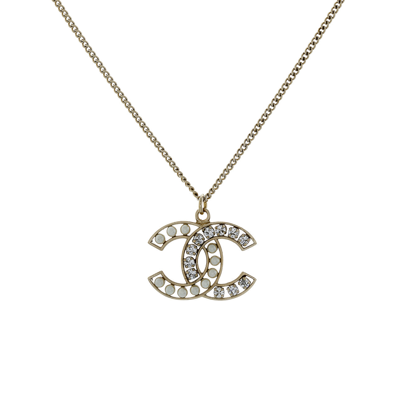 Exclusive Chanel Pearl Crystal CC Pendant Necklace — Front View