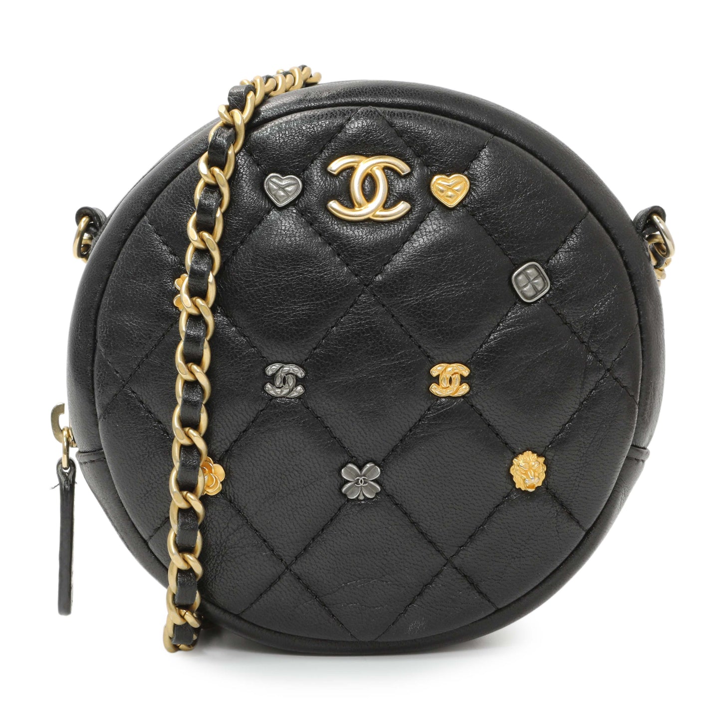 Exclusive Chanel Black Lambskin Quilted Studded Round Clutch With Chain — Front View