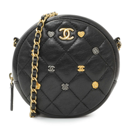 Exclusive Chanel Black Lambskin Quilted Studded Round Clutch With Chain — Front View