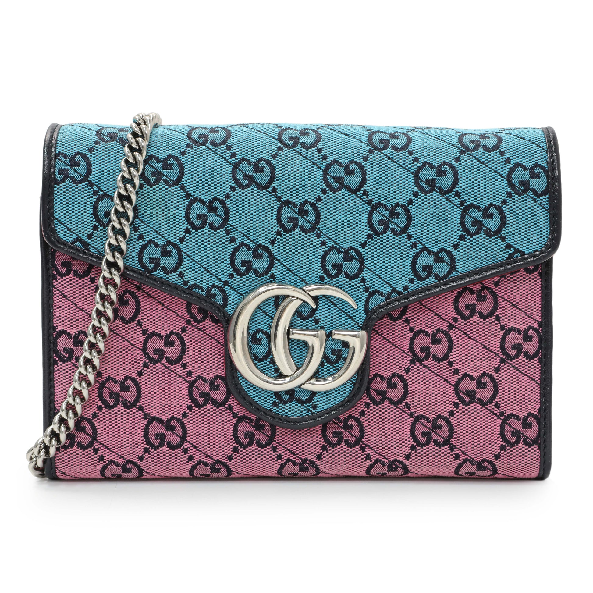 Exclusive Gucci Monogram Multicolor Matelasse Diagonal GG Marmont Chain Wallet — Front View