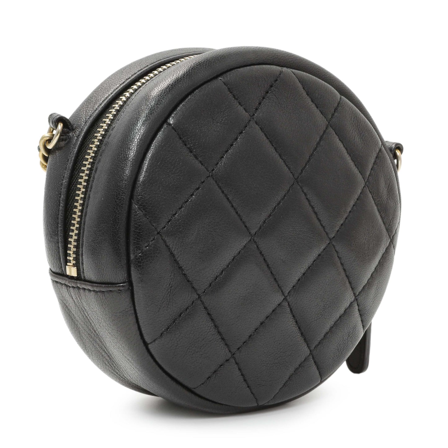 Exclusive Chanel Black Lambskin Quilted Studded Round Clutch With Chain — Side View