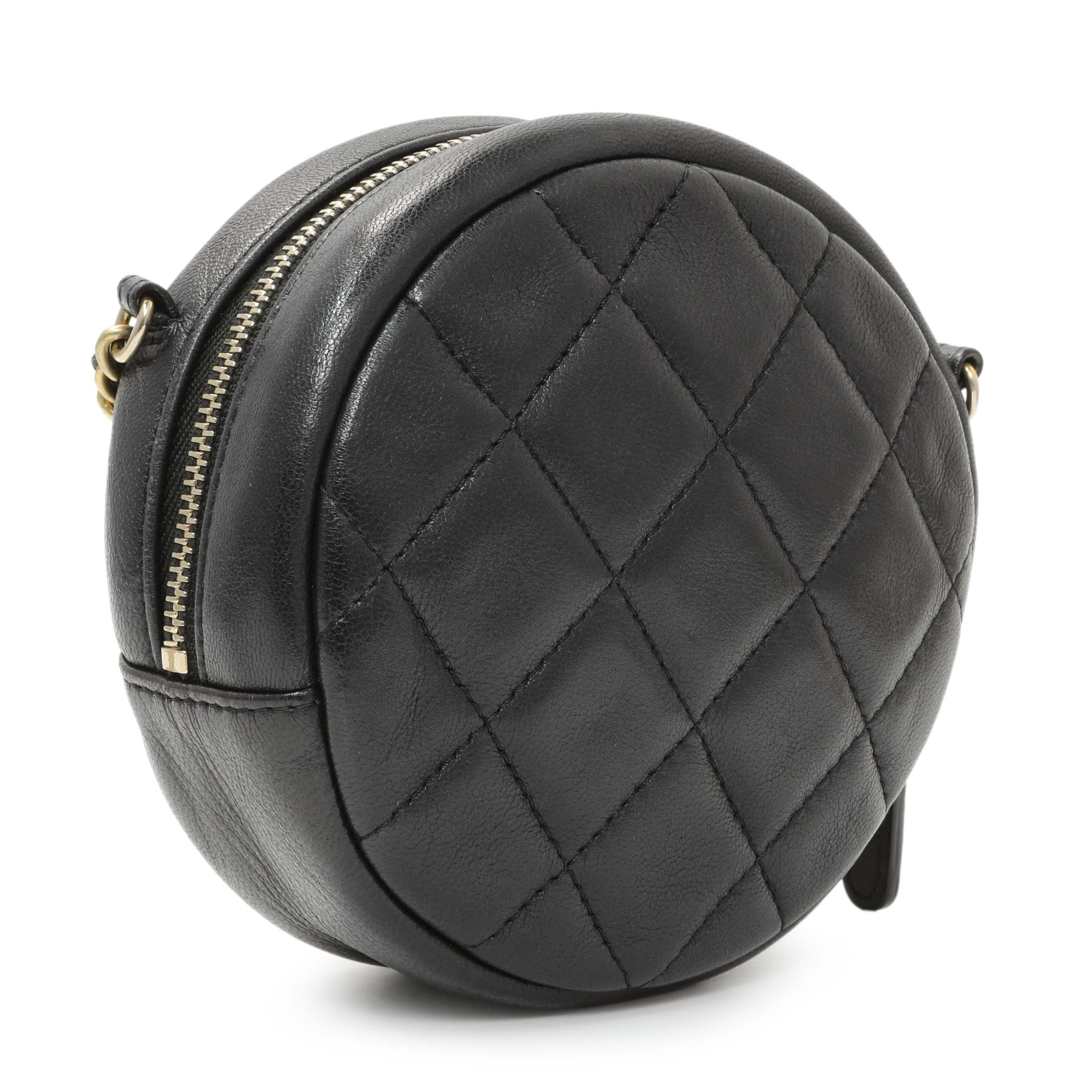 Exclusive Chanel Black Lambskin Quilted Studded Round Clutch With Chain — Side View