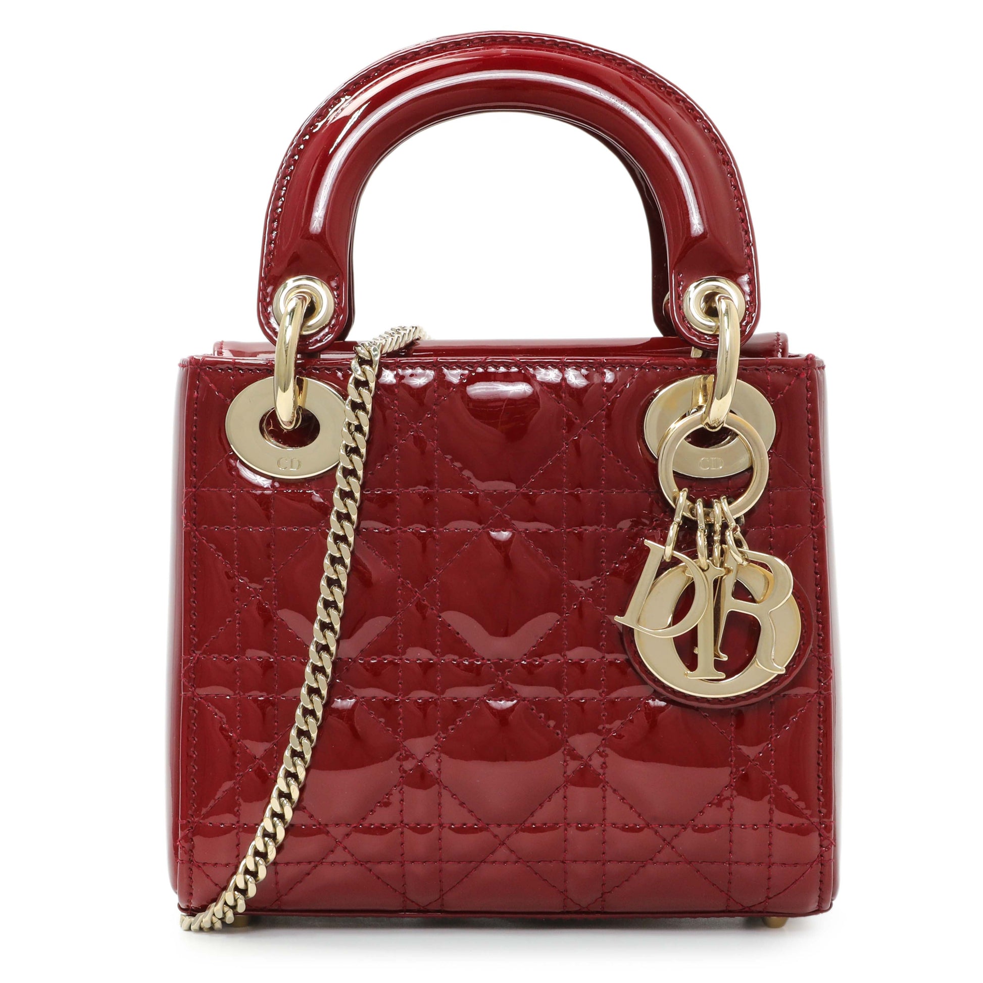 Exclusive Christian Dior Cherry Red Patent Cannage Mini Lady Dior — Front View