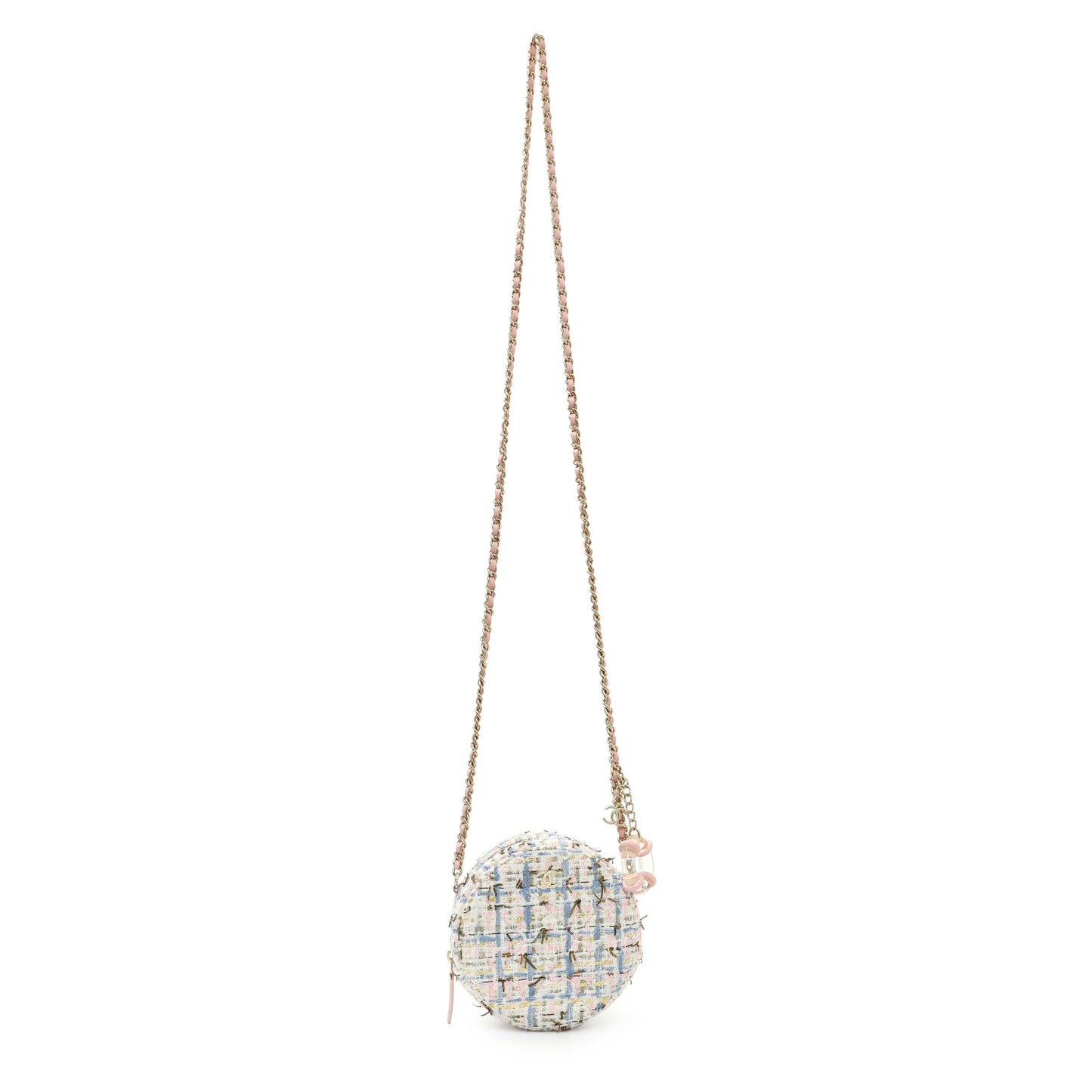 Exclusive Chanel White Pink Multicolor Tweed Round Clutch — Front View