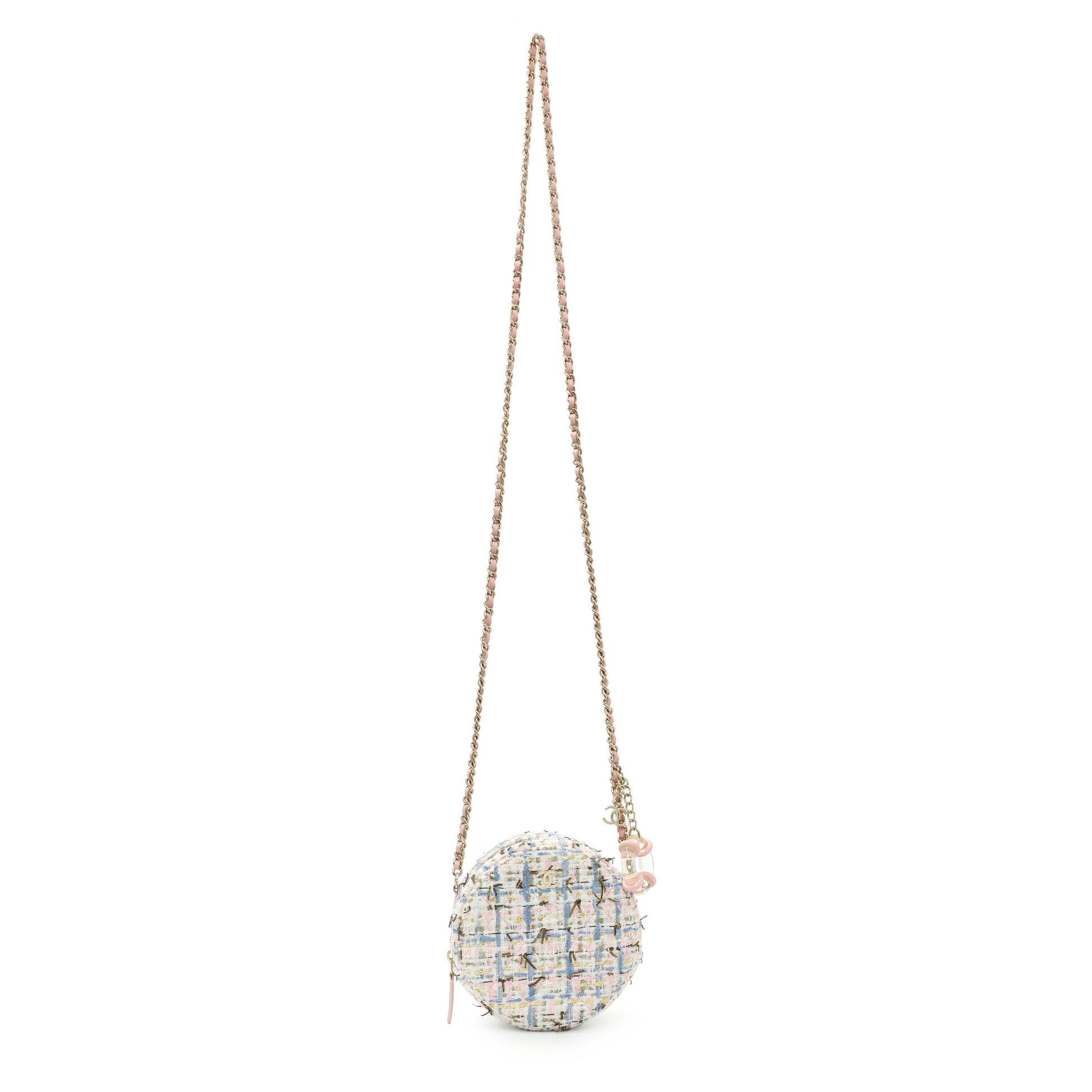 Exclusive Chanel White Pink Multicolor Tweed Round Clutch — Front View