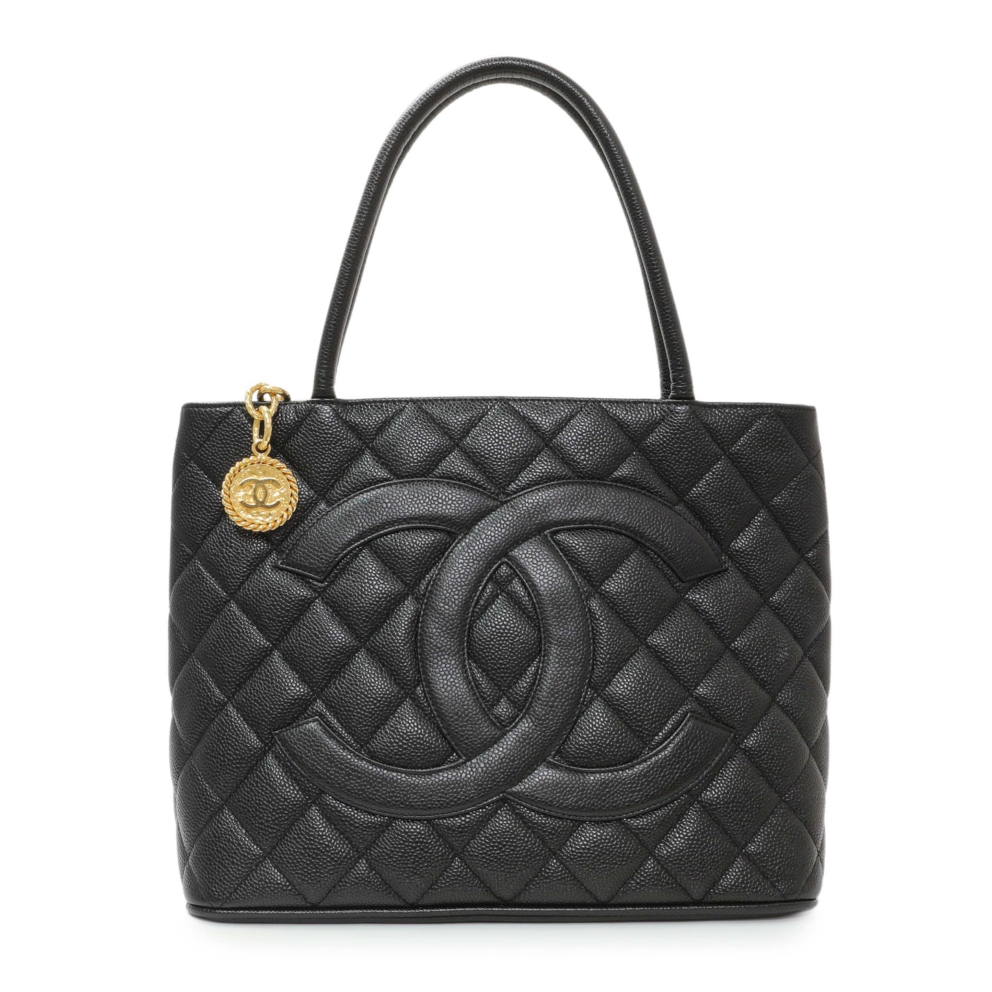 Exclusive Chanel Black Quilted Caviar Medallion Tote — Front View