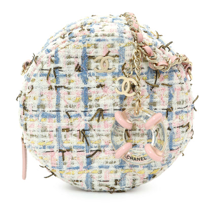 Exclusive Chanel White Pink Multicolor Tweed Round Clutch — Side View