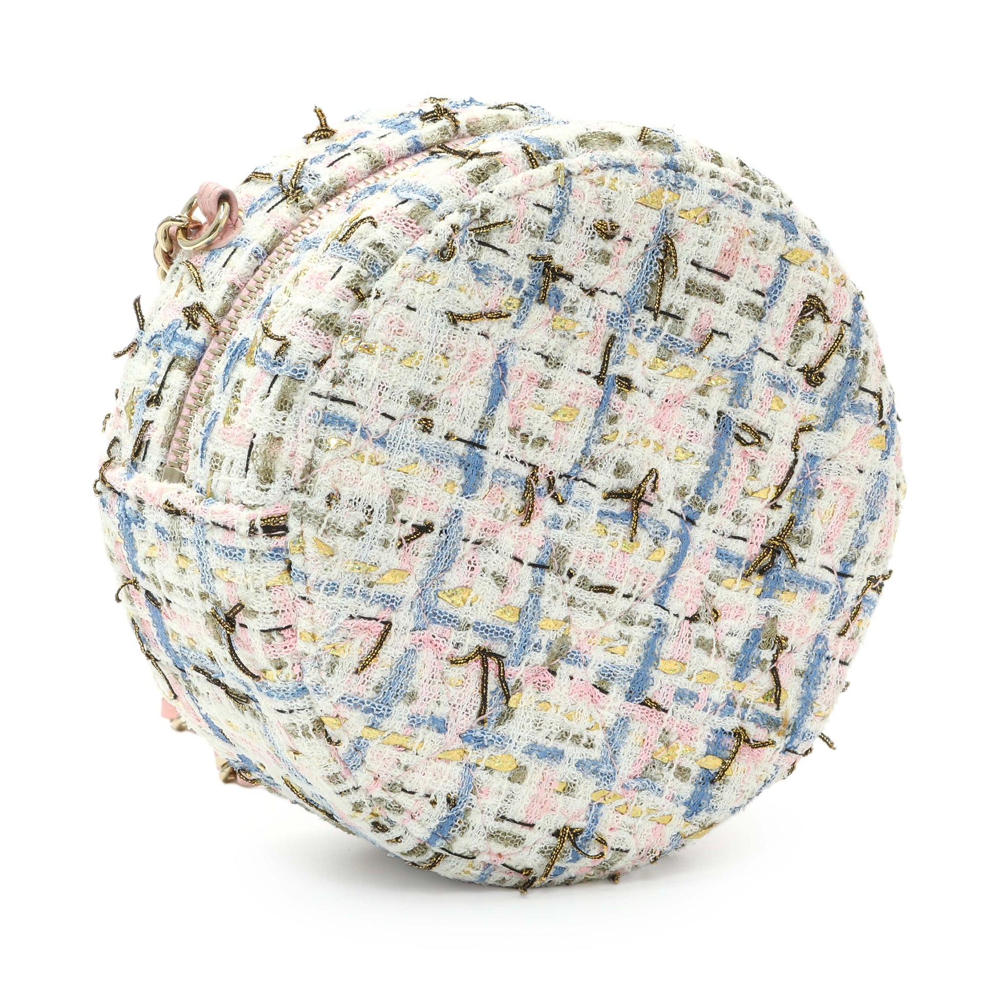 Exclusive Chanel White Pink Multicolor Tweed Round Clutch — Back View