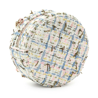 Exclusive Chanel White Pink Multicolor Tweed Round Clutch — Back View