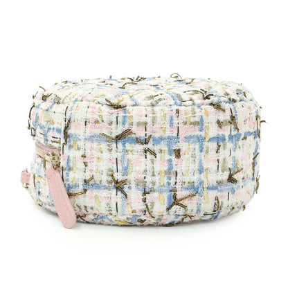 Exclusive Chanel White Pink Multicolor Tweed Round Clutch — Top View