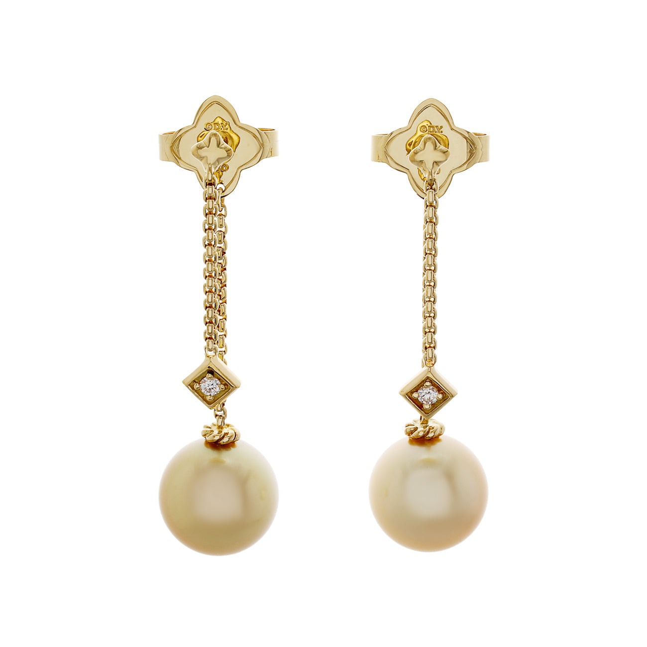 Exclusive David Yurman 18K Yellow Gold Pearl Diamond Solari Chain Drop Earrings — Front View