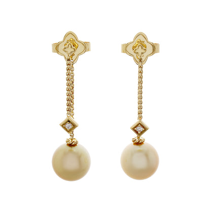 Exclusive David Yurman 18K Yellow Gold Pearl Diamond Solari Chain Drop Earrings — Front View