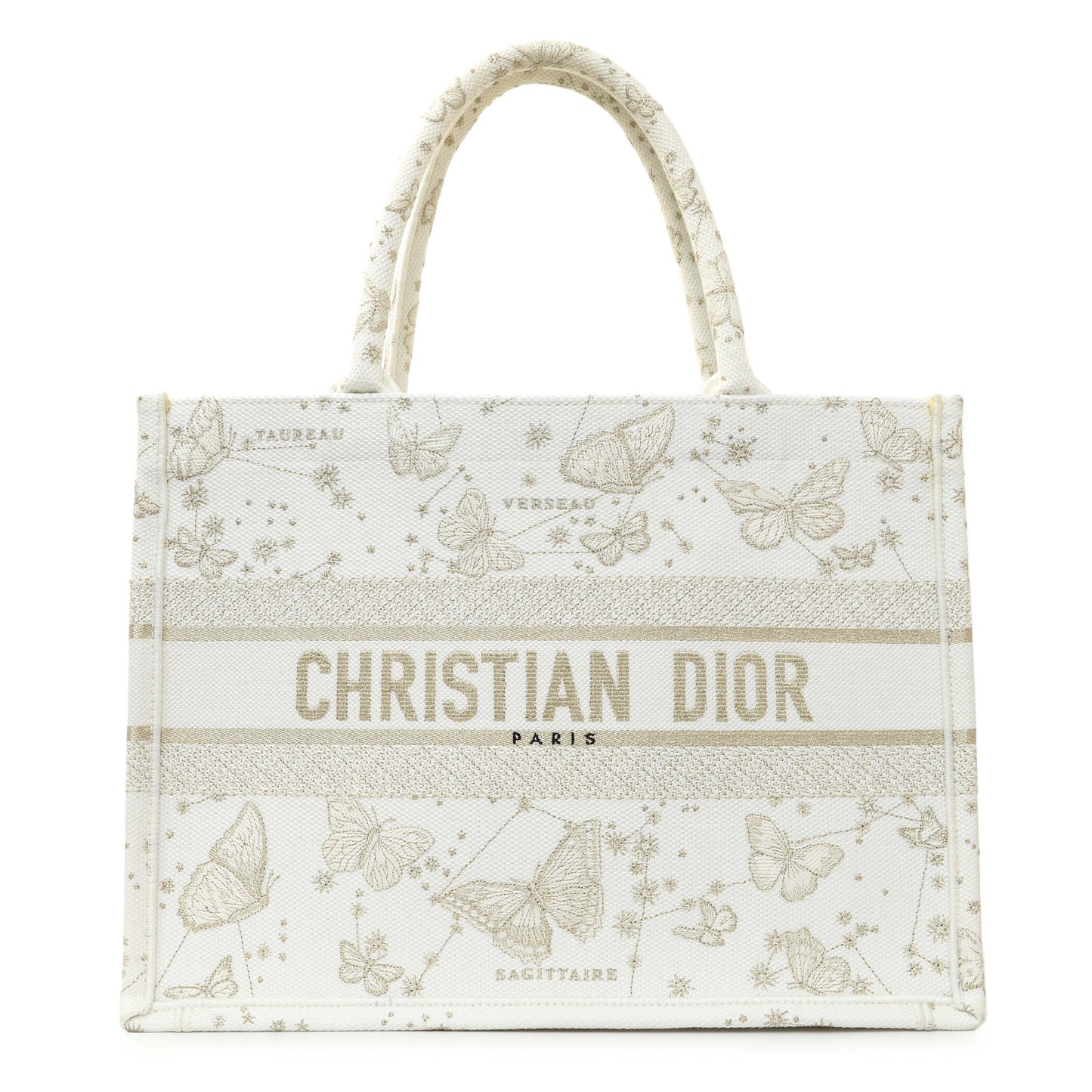 Exclusive Christian Dior White Gold Canvas Embroidered Medium Zodiac Print Book Tote — Front View
