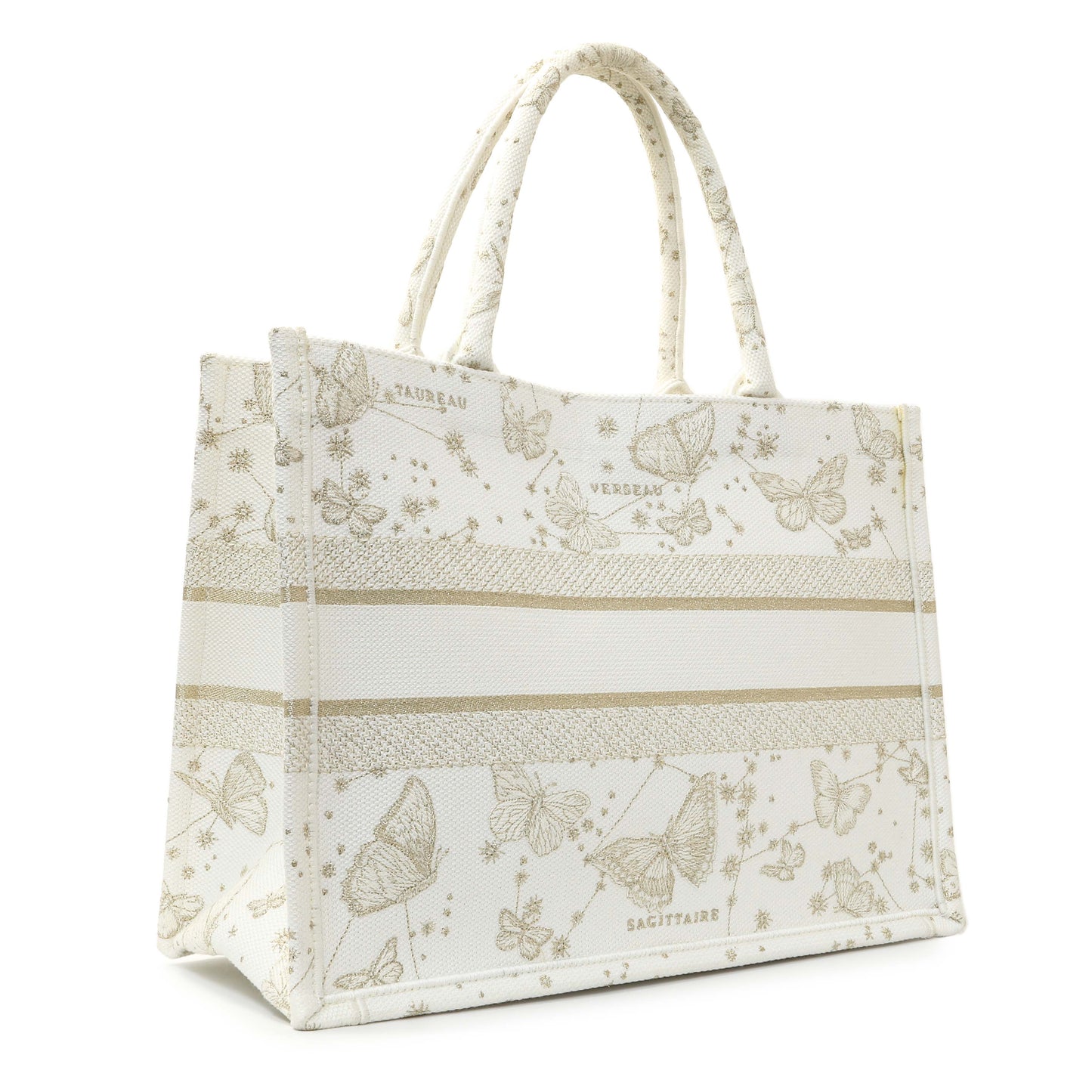 Exclusive Christian Dior White Gold Canvas Embroidered Medium Zodiac Print Book Tote — Side View