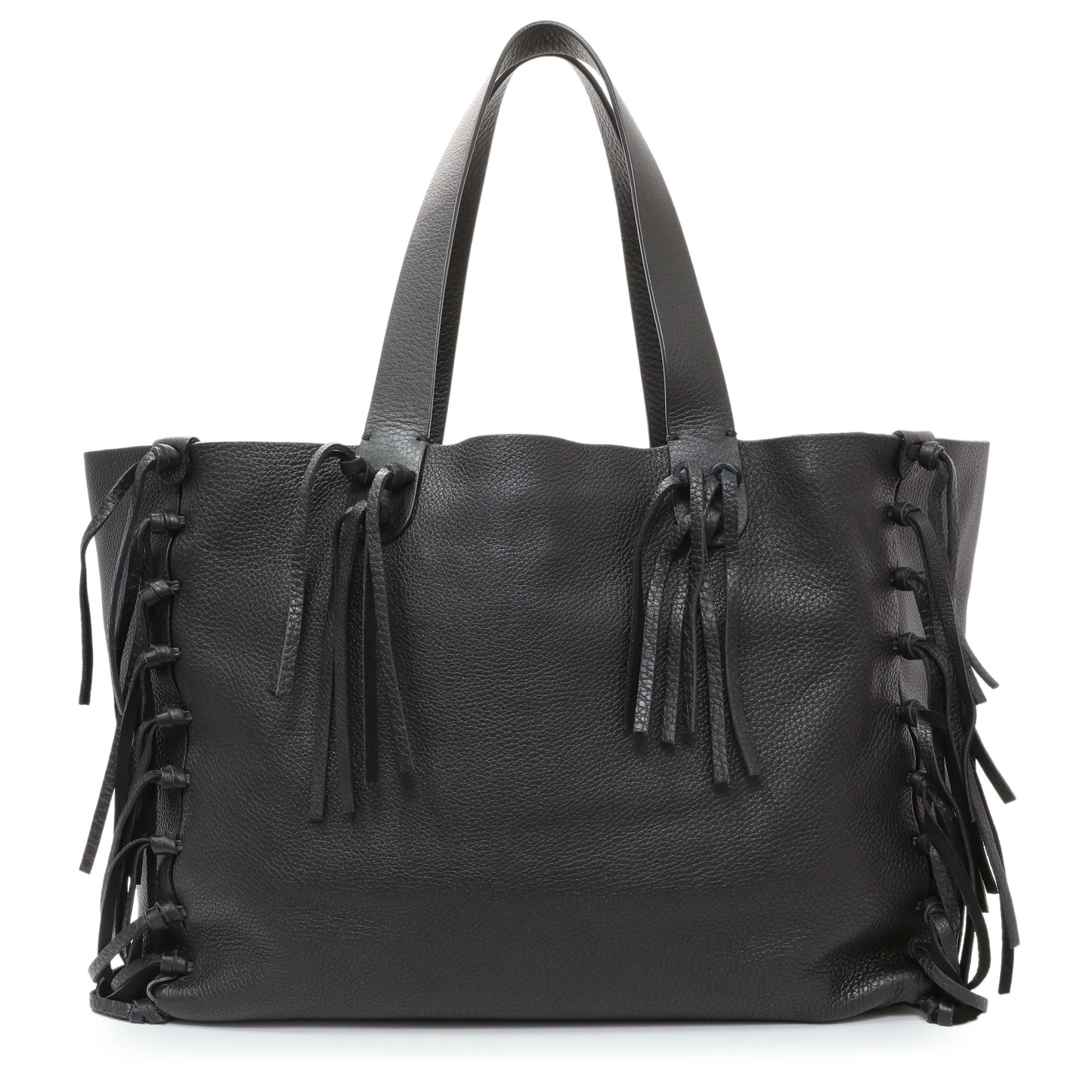 Exclusive Valentino Black Grained Calfskin C-Rockee Fringe Tote — Front View
