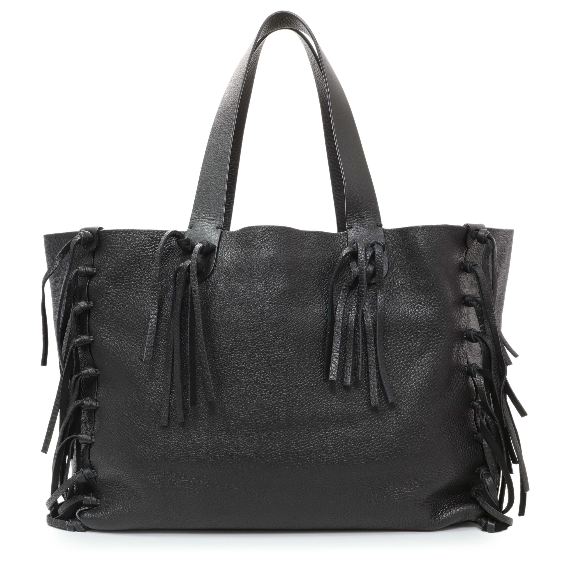 Exclusive Valentino Black Grained Calfskin C-Rockee Fringe Tote — Front View