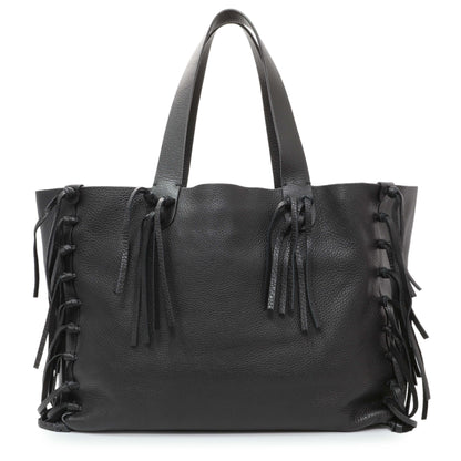 Exclusive Valentino Black Grained Calfskin C-Rockee Fringe Tote — Front View