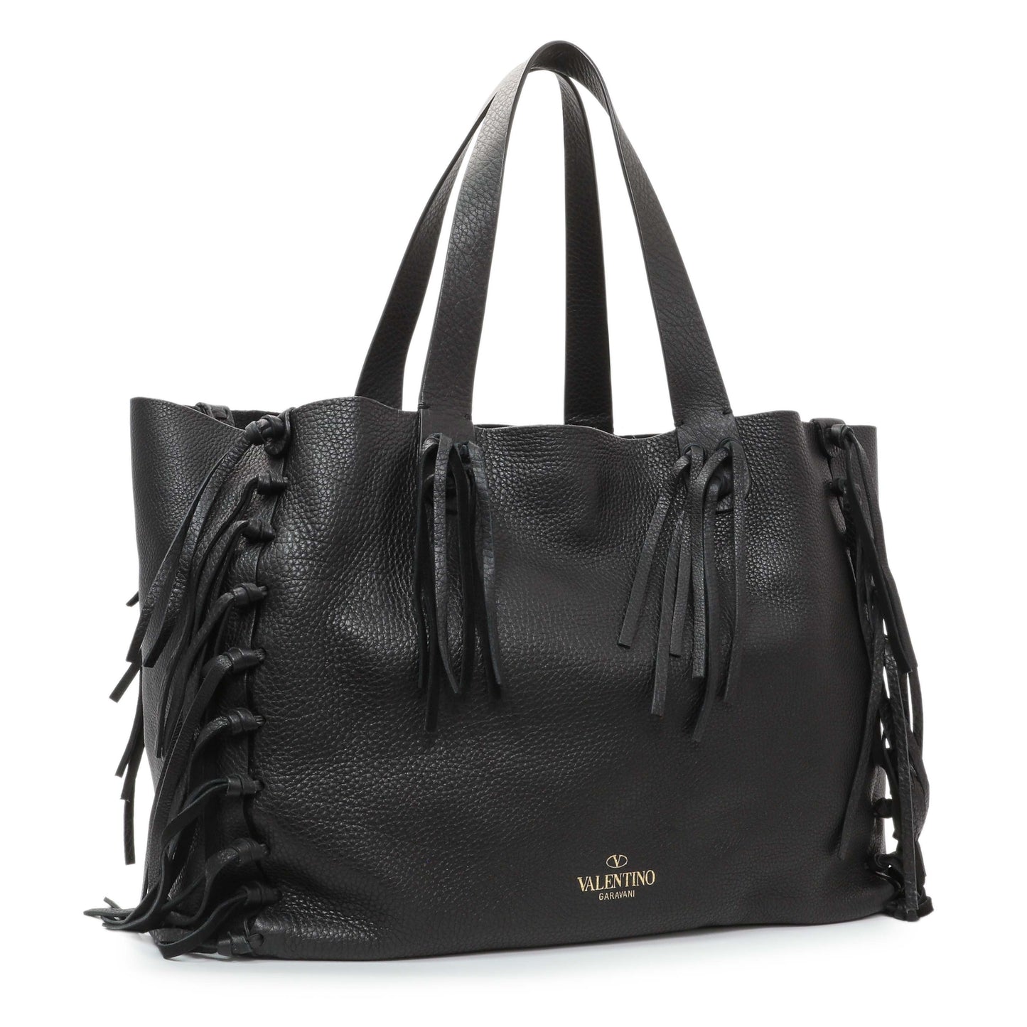 Exclusive Valentino Black Grained Calfskin C-Rockee Fringe Tote — Side View