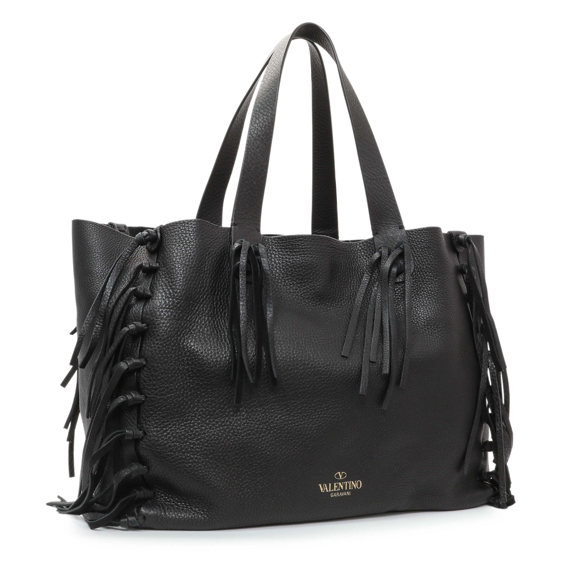 Exclusive Valentino Black Grained Calfskin C-Rockee Fringe Tote — Side View