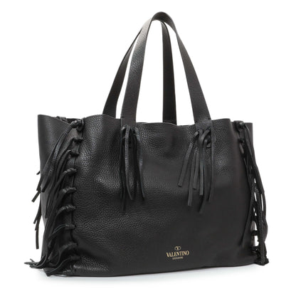 Exclusive Valentino Black Grained Calfskin C-Rockee Fringe Tote — Side View