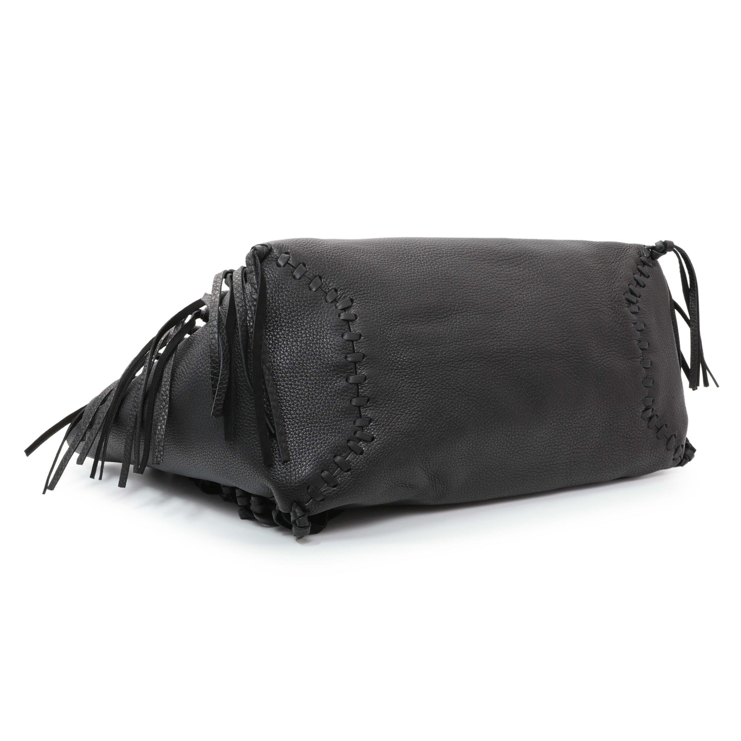 Exclusive Valentino Black Grained Calfskin C-Rockee Fringe Tote — Back View