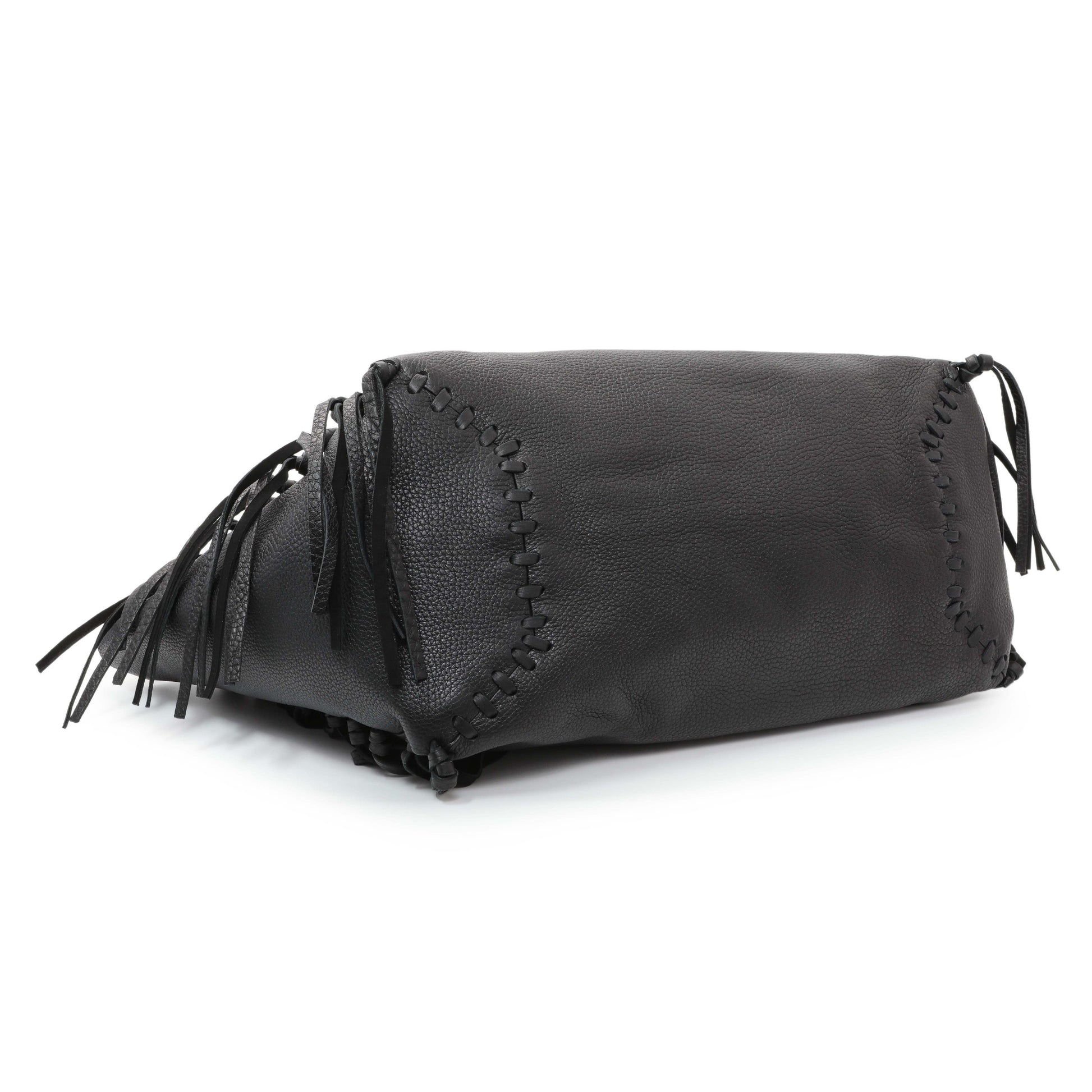 Exclusive Valentino Black Grained Calfskin C-Rockee Fringe Tote — Back View