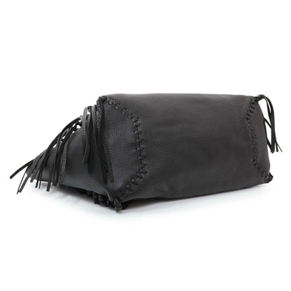 Exclusive Valentino Black Grained Calfskin C-Rockee Fringe Tote — Back View