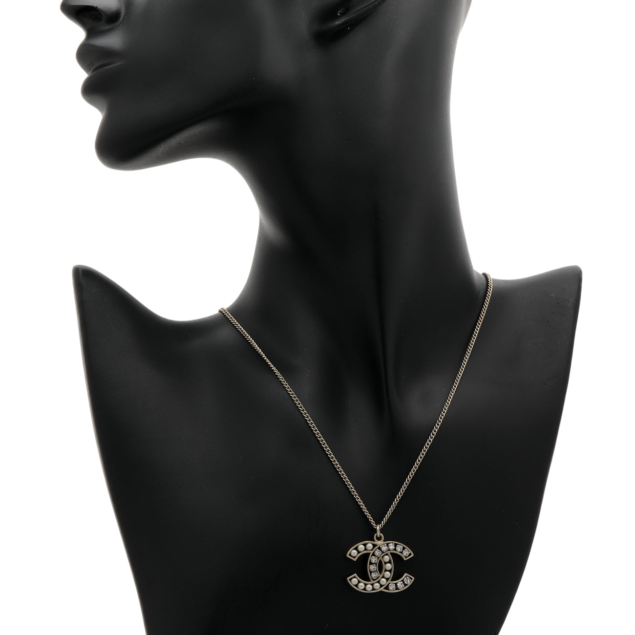 Exclusive Chanel Pearl Crystal CC Pendant Necklace — Top View