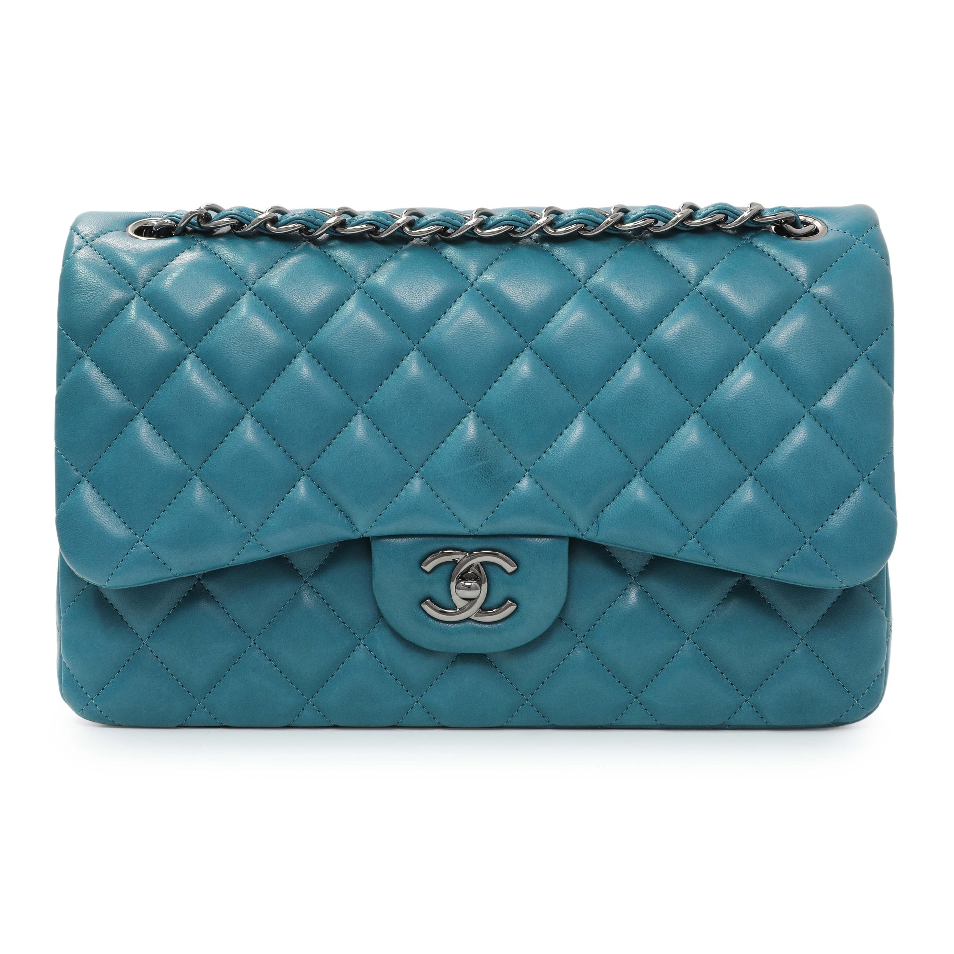 Exclusive Chanel Teal Quilted Lambskin Jumbo Classic Double Flap — Front View