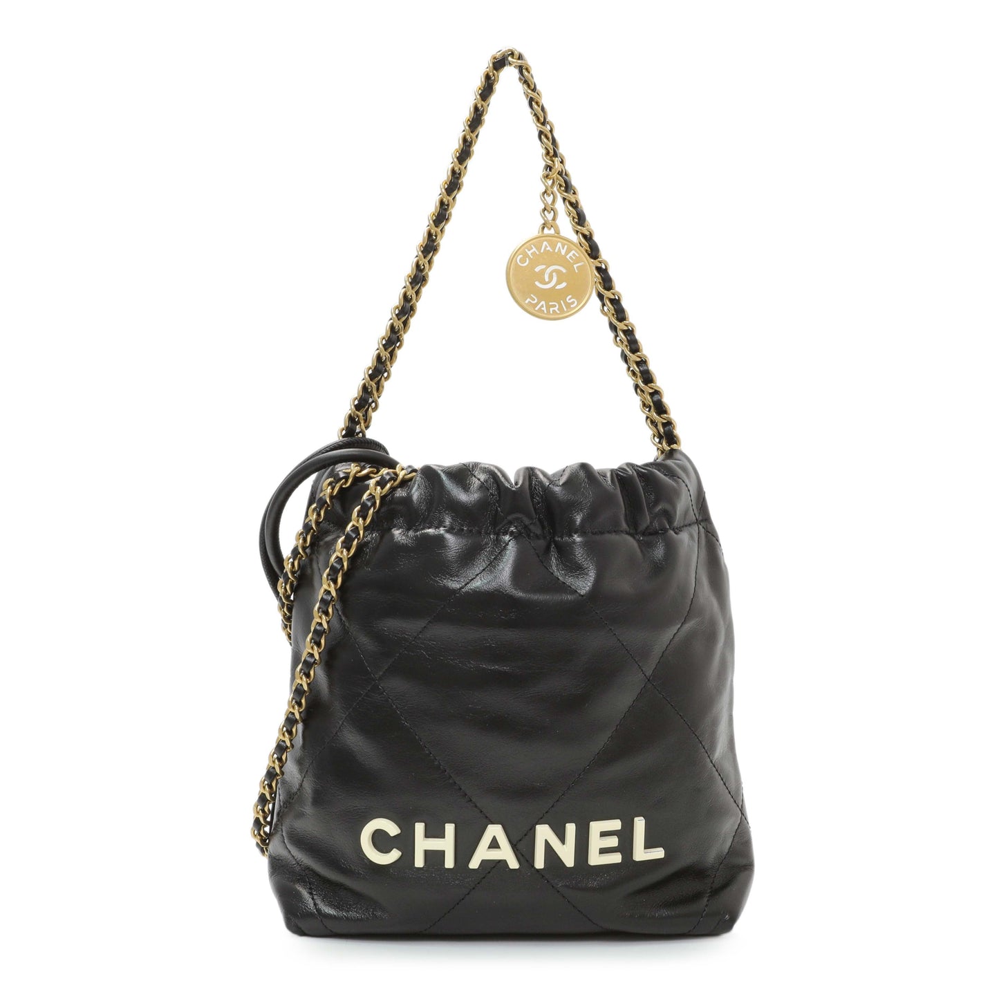 Exclusive Chanel Black Shiny Calfskin Quilted Mini Chanel 22 — Front View