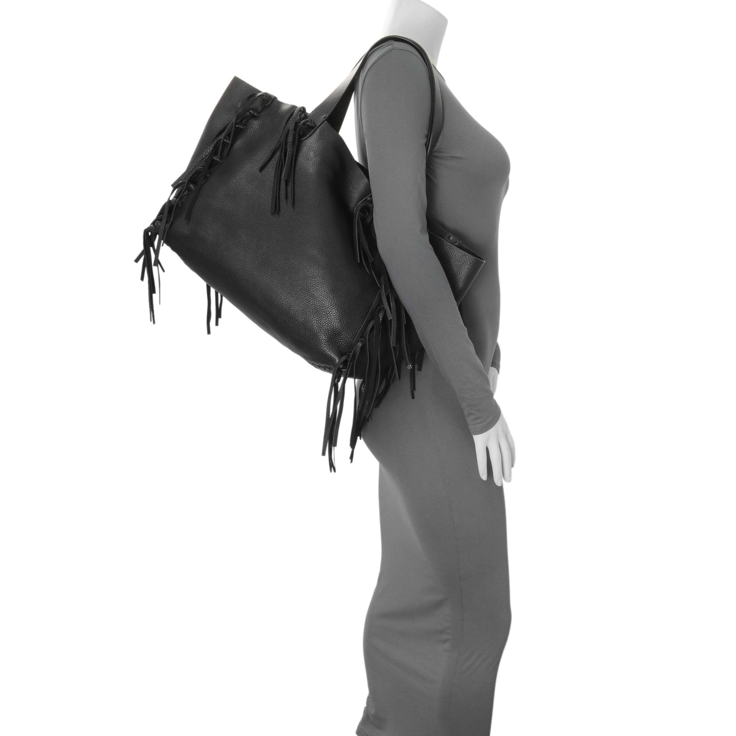 Exclusive Valentino Black Grained Calfskin C-Rockee Fringe Tote — Alternate View 7