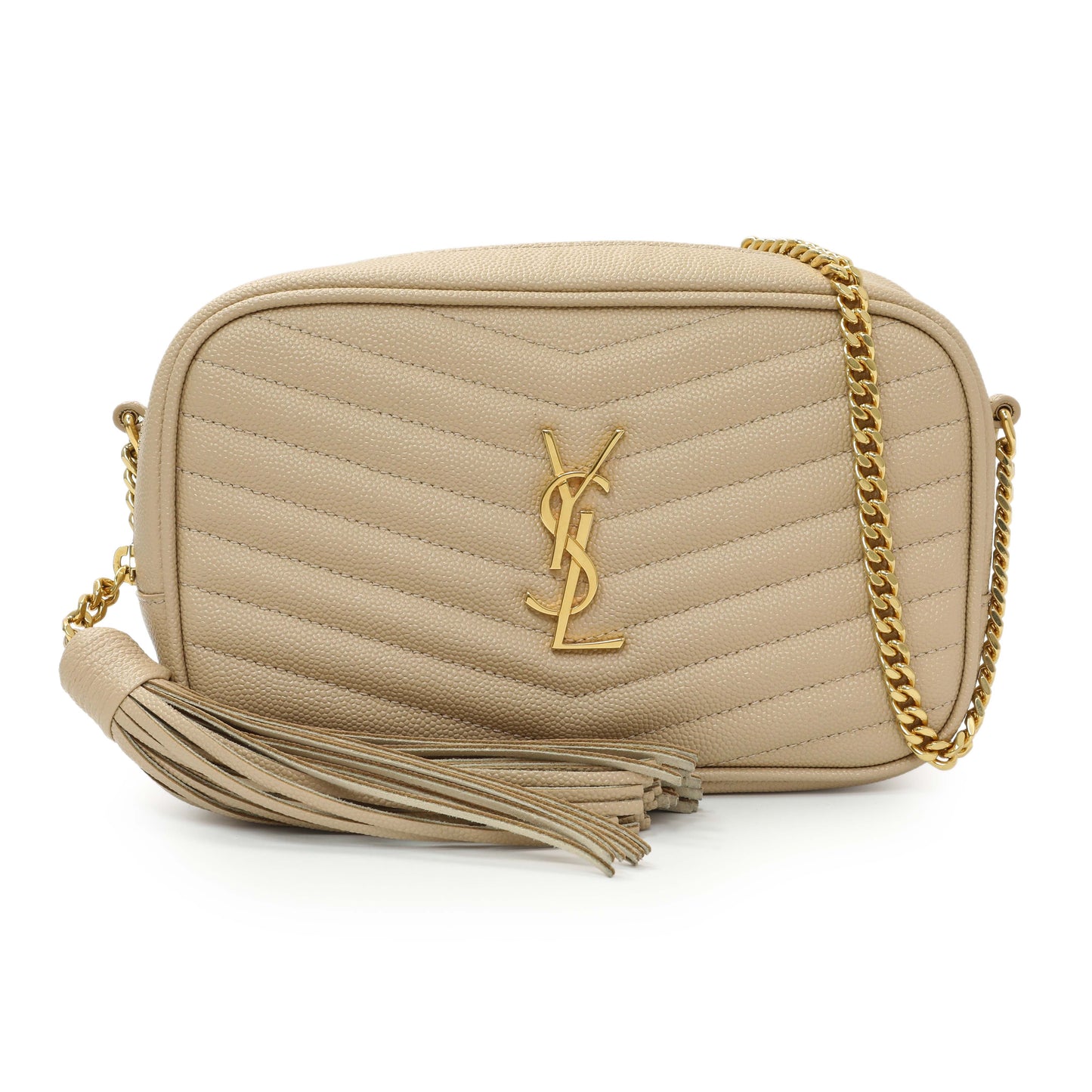 Exclusive Saint Laurent Dark Beige Grain De Poudre Matelasse Monogram Mini Lou Camera Bag — Front View