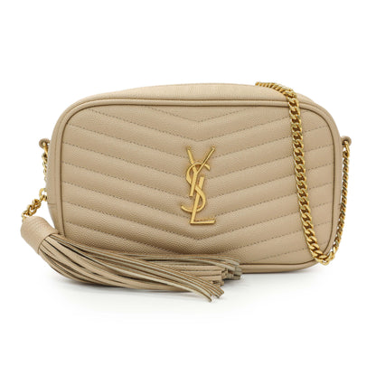 Exclusive Saint Laurent Dark Beige Grain De Poudre Matelasse Monogram Mini Lou Camera Bag — Front View